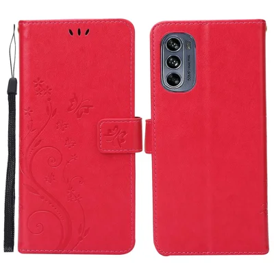For Motorola Moto G62 5G Imprinting Flower Butterflies Phone Case Wallet Stand PU Leather Phone Cover with Strap - Red