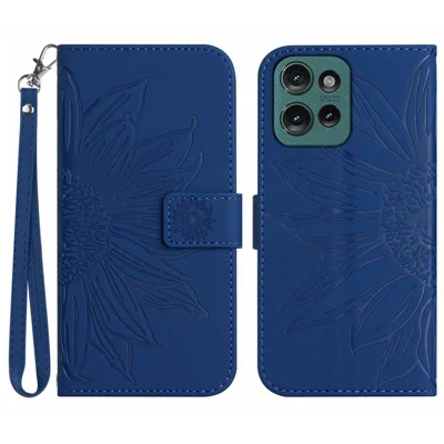 HT04 For Motorola Moto G75 5G Case Sunflower Imprint Leather Wallet Phone Cover with Wrist Strap - Sapphire