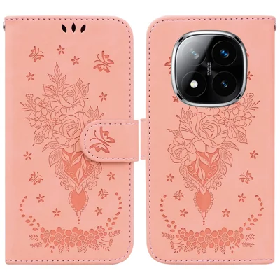 For Xiaomi Redmi Note 14 Pro 5G / Poco X7 5G Case PU Leather Wallet Phone Cover Butterfly Flower Imprint - Pink