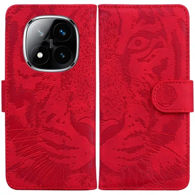 For Xiaomi Redmi Note 14 Pro 5G / Poco X7 5G Case Tiger Imprint Leather Wallet Phone Cover - Red