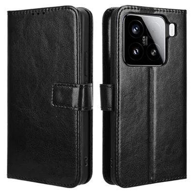 Obudowa do Xiaomi 15 Pro, etui z klapką ze sztucznej skóry z fakturą Crazy Horse - Czarny