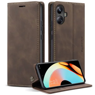 CASEME For Realme 10 Pro+ 5G Case  013 Series Card Holder Stand Leather Phone Cover - Coffee