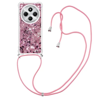 For Xiaomi Redmi 17C 4G / 14R 5G / 14C 4G / A4 5G / A3 Pro 4G / Poco C75 4G / M7 5G TPU Case Quicksand Design Phone Cover with Lanyard - Rose Gold / Hearts