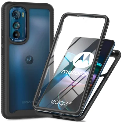 For Motorola Edge 30 5G Hard PC + Soft TPU Case PET Screen Protector Drop-proof Phone Cover - Black