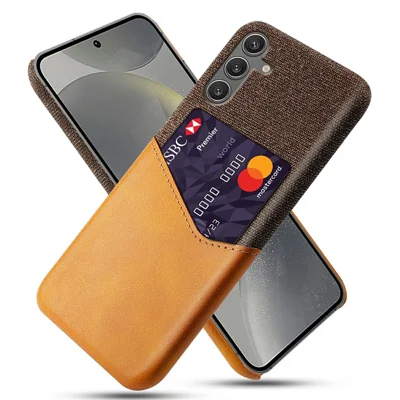 Voor Samsung Galaxy S25 Hoesje PU Leren Kaartvak Katoenstructuur Harde PC Telefoonhoes - Oranje