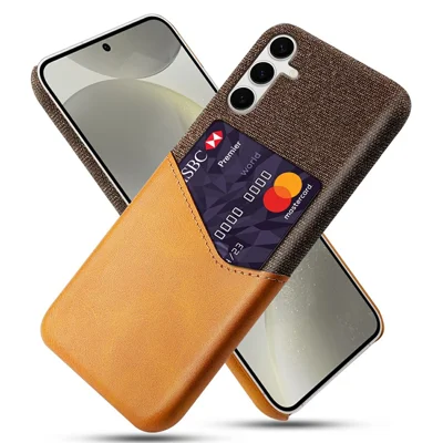 For Samsung Galaxy S25+ Case PU Leather Card Slot Cloth Texture Hard PC Phone Cover - Orange