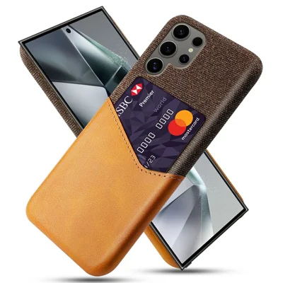 For Samsung Galaxy S25 Ultra Case PU Leather Card Slot Cloth Texture Hard PC Phone Cover - Orange