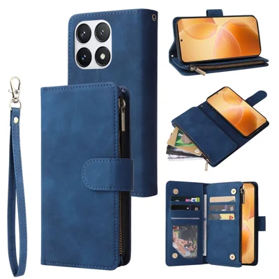 For Xiaomi 14T Pro Case Zipper Wallet Multiple Card Slots Leather Phone Cover - Blue