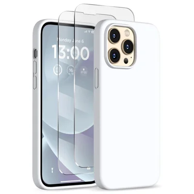 For iPhone 14 Pro Max Case Compatible with MagSafe Liquid Silicone Cover with 2 Tempered Glass Screen Films - White
