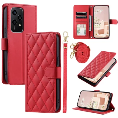 For Honor 200 Lite Wallet Case Rhombus Grid PU Leather Phone Cover - Red