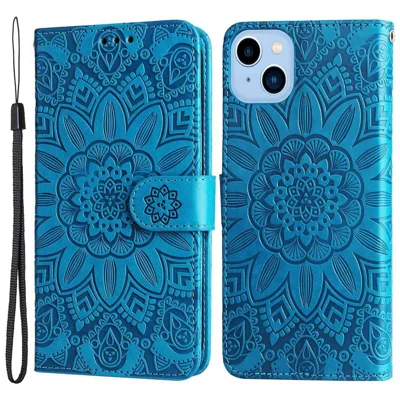 For iPhone 13 6.1 inch Sunflower Imprinted PU Leather Magnetic Flip Cover Stand Feature Wallet Purse Case with Hand Strap - Blue