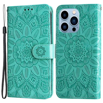For iPhone 13 Pro 6.1 inch PU Leather Wallet Case Stand Magnetic Closure Sunflower Imprinted Flip Folio Phone Cover with Strap - Green