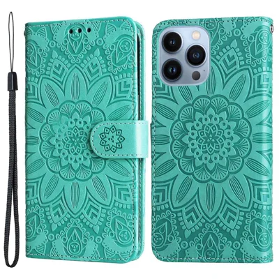 For iPhone 13 Pro Max 6.7 inch Sunflower Imprinted PU Leather Phone Case Stand Magnetic Flip Cover with Strap - Green