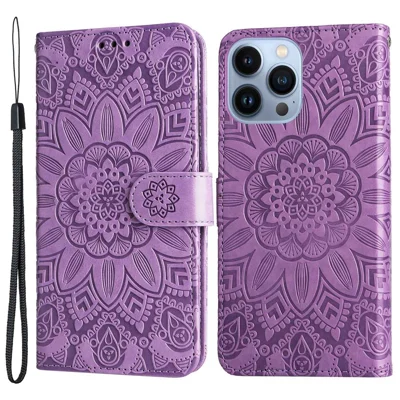 For iPhone 13 Pro Max 6.7 inch Sunflower Imprinted PU Leather Phone Case Stand Magnetic Flip Cover with Strap - Purple