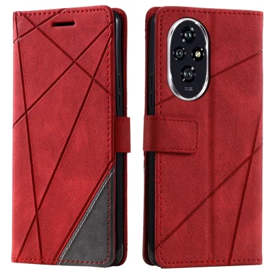 For Honor 200 5G Case Imprinted Lines PU Leather Splicing Wallet Phone Cover - Red