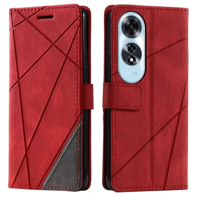 For Oppo A60 4G Case Imprinted Lines PU Leather Splicing Wallet Phone Cover - Red