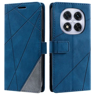 For Xiaomi Redmi Note 14 Pro+ 5G / Note 14 Pro 5G / Poco X7 5G Case Imprinted Lines PU Leather Splicing Wallet Phone Cover - Blue