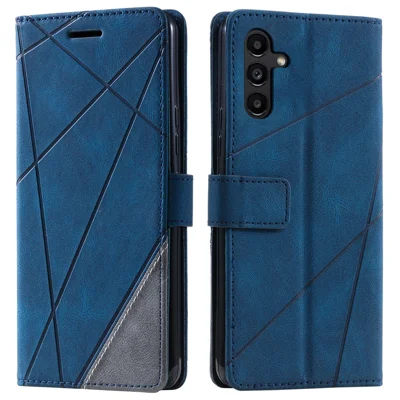 For Samsung Galaxy S24 FE Case Imprinted Lines PU Leather Splicing Wallet Phone Cover - Blue
