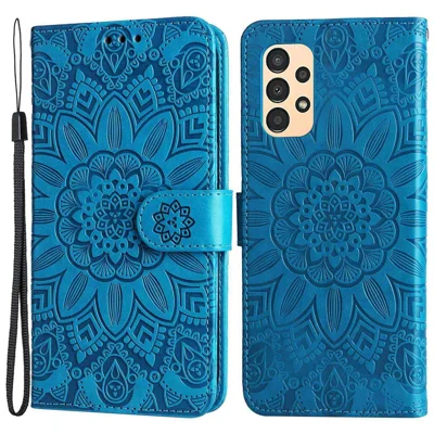 For Samsung Galaxy A13 4G Magnetic Wallet Case PU Leather Sunflower Imprinted Flip Folio Phone Cover with Strap - Blue