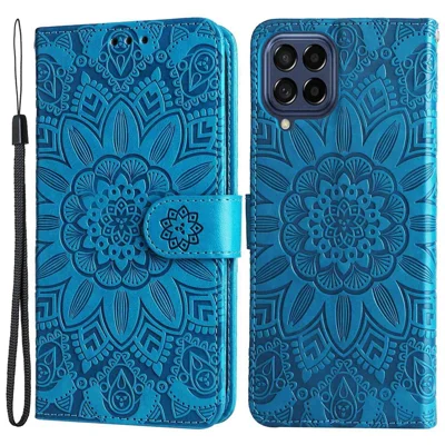 Für Samsung Galaxy M53 5G Sonnenblumengedruckter PU Leder Flip Ständer Telefon Hülle Brieftasche Design Magnetischer Verschluss Innere TPU Anti-drop-schutzabdeckung Mit Riemen - Blau