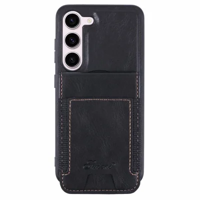 SUTENI H17 For Samsung Galaxy S23 Magnetic Case Card Holder Kickstand Phone Cover - Black