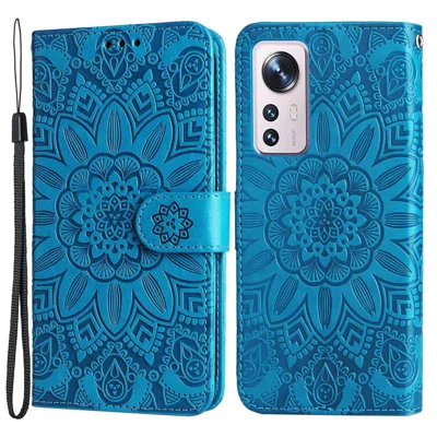 Für Xiaomi 12 5g / 12x 5g / 12s 5G Sonnenblumengedruckter Ständer Brieftasche Telefon Hülle PU Leder Vollschutz Abdeckung - Blau