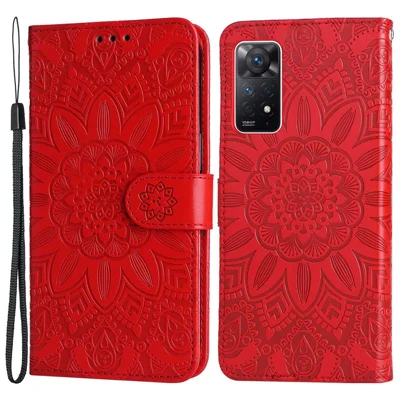 For Xiaomi Redmi Note 12 Pro 4G / 11 Pro 4G (MediaTek) / Note 11 Pro 5G (Qualcomm) / Note 11E Pro 5G Sunflower Imprinted PU Leather Stand Case Wallet Phone Cover with Strap - Red