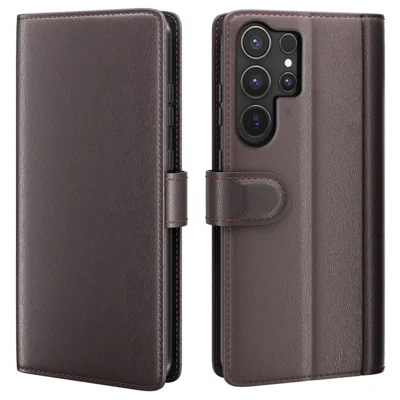 For Samsung Galaxy S25 Ultra Case Genuine Split Leather Phone Cover with Wallet Stand - Brown
