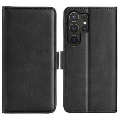 For Samsung Galaxy S25 Ultra Stand Case Calf Texture Leather Wallet Phone Cover - Black