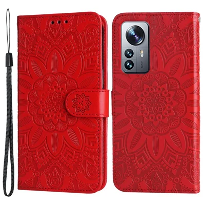 For Xiaomi 12 Pro 5G / 12 Pro (Dimensity) 5G / 12S Pro 5G Anti-scratch Imprinted Sunflower PU Leather Stand Phone Case Wallet Protective Phone Cover - Red
