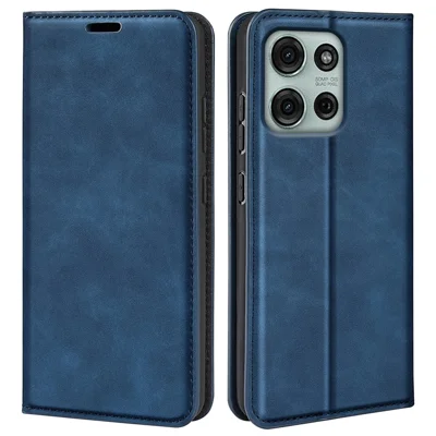 Voor Motorola Moto G75 5G hoesje met huidtouch lederen portemonnee telefoonhoes - Blauw