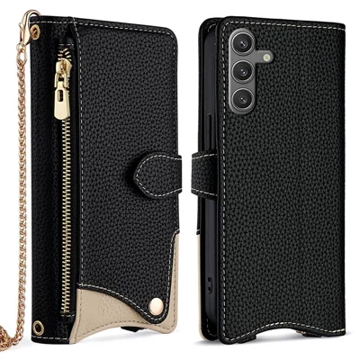 Voor Samsung Galaxy S25 Leren Hoesje Portemonnee Stand Cover met Onregelmatige Staartstijl en Kettingriem - Zwart