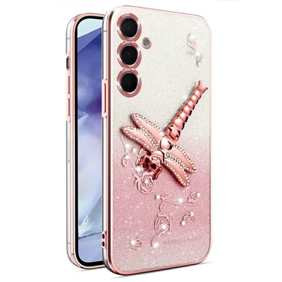 KADEM For Samsung Galaxy S25 Case Dragonfly Kickstand TPU Flowers Glitter Phone Cover - Pink