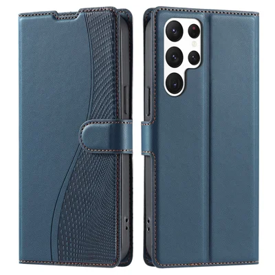 Voor Samsung Galaxy S23 Ultra Hoesje Dots Afdruk PU Leren Flip Hoesje met Kaartvak, Riempje - Blauw