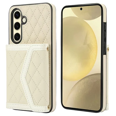 For Samsung Galaxy S24 Case Card Holders RFID Blocking PU Leather+TPU Phone Cover with Shoulder Strap - White