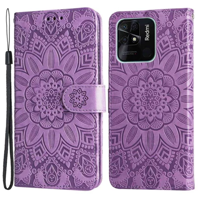 Voor Xiaomi Redmi 10C 4G / Redmi 10 (India) 4G Zonnebloem Afdruk Folio Flip Telefoonhoes PU Leren Stand Anti-val Magnetische Sluiting Telefoonhoes met Bandje - Paars