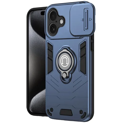 Voor iPhone 16 Plus hoesje met schuifbare camerscherm en standaard PC+TPU telefoonhoes - Blauw