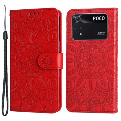For Xiaomi Poco M4 Pro 4G Sunflower Imprinted Phone Case PU Leather Wallet Stand Scratch-resistant Flip Phone Cover with Wrist Strap - Red