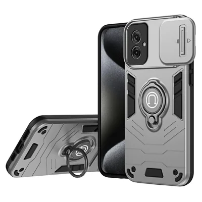Voor Motorola Moto G55 5G Hoesje Schuif Camshield Zwenkstand PC+TPU Telefoonhoesje - Grijs