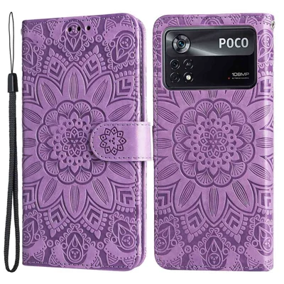 For Xiaomi Poco X4 Pro 5G PU Leather Flip Wallet Case Sunflower Imprinted Stand Bookstyle Magnetic Protective Cover with Hand Strap - Purple