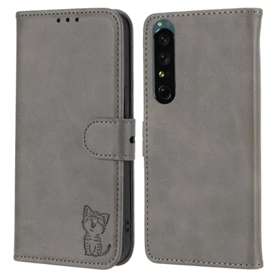 For Sony Xperia 5 IV 5G Case Happy Cat Pattern Imprinted Leather Wallet Phone Cover - Grey