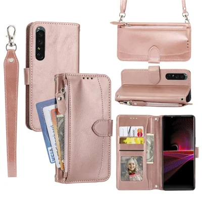 For Sony Xperia 5 IV 5G Case Zipper Pocket Leather Phone Cover with Crossbody Shoulder Strap - Rose Gold