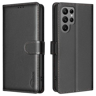 BINFEN COLOR BF32 For Samsung Galaxy S25 Ultra Leather Case Wallet RFID Blocking Phone Cover - Black