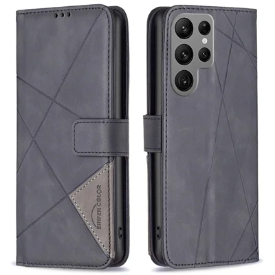 BINFEN COLOR For Samsung Galaxy S25 Ultra Phone Cases Wallet Stand Geometry Imprint Leather Cover - Black