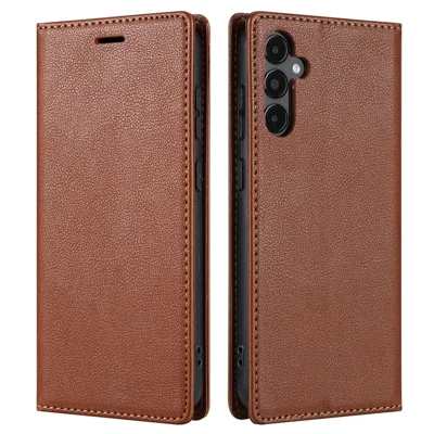 For Samsung Galaxy S24 FE Wallet Case Magnetic Closure PU Leather Phone Cover - Brown