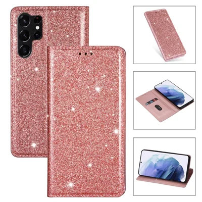 For Samsung Galaxy S25 Ultra Case Glittery PU Leather+TPU Card Slot Phone Cover - Rose Gold