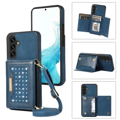 Voor Samsung Galaxy S25 Hoesje Portemonnee RFID Blokkering TPU Leren Telefoonhoes met Lanyard - Blauw