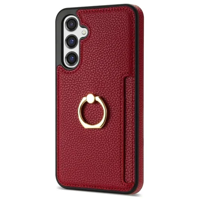 For Samsung Galaxy S25 Case Ring Kickstand PU+TPU Card Holder Phone Cover - Red