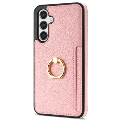 For Samsung Galaxy S25+ Case Ring Kickstand PU+TPU Card Holder Phone Cover - Pink
