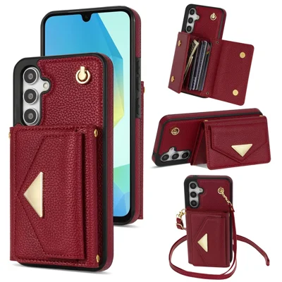 For Samsung Galaxy A16 4G / 5G Case Card Slots PU+TPU Cell Phone Cover with Long Strap - Wine Red